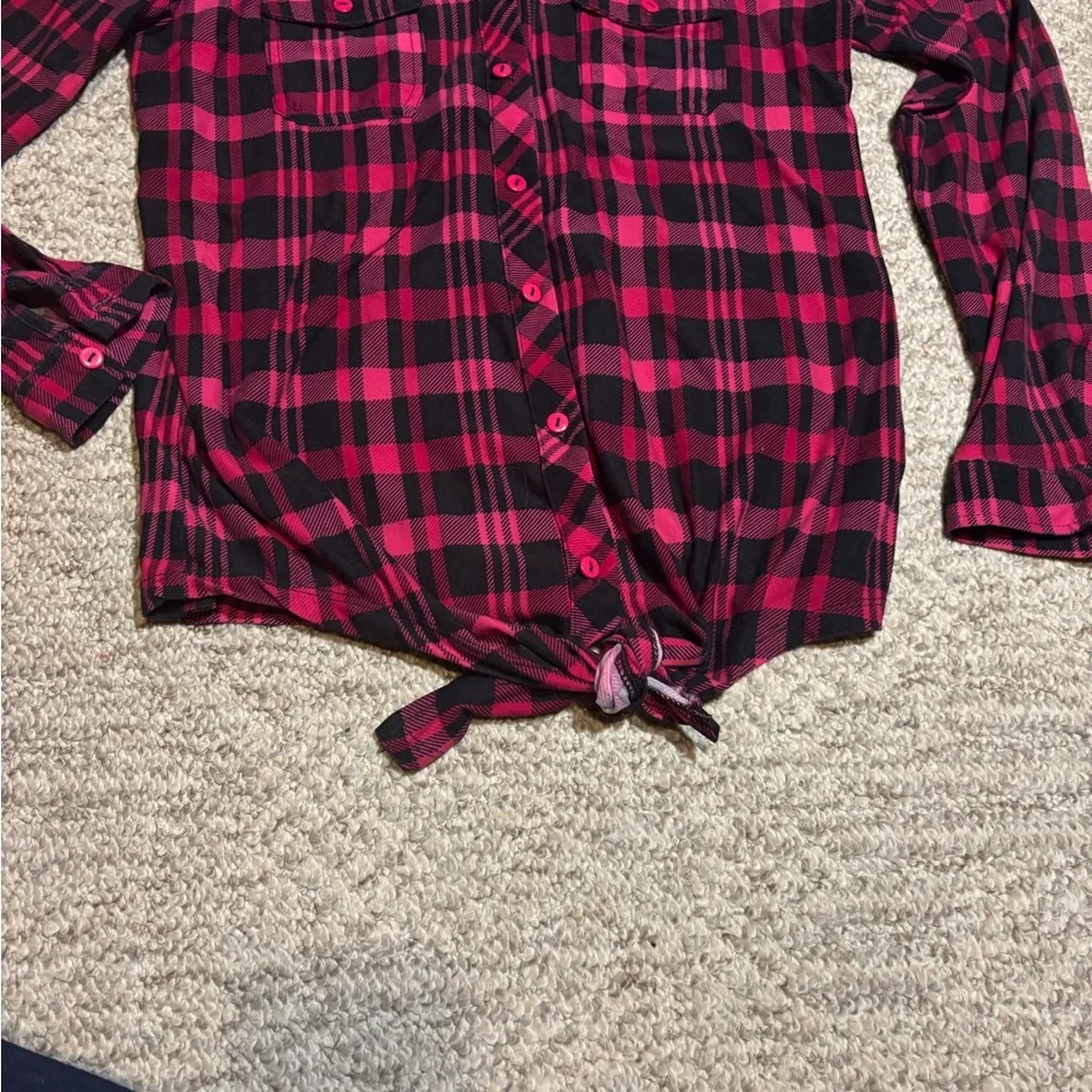 My Style Plaid Button-Up Shirt - Dark Pink and Black - Picture 7 of 13